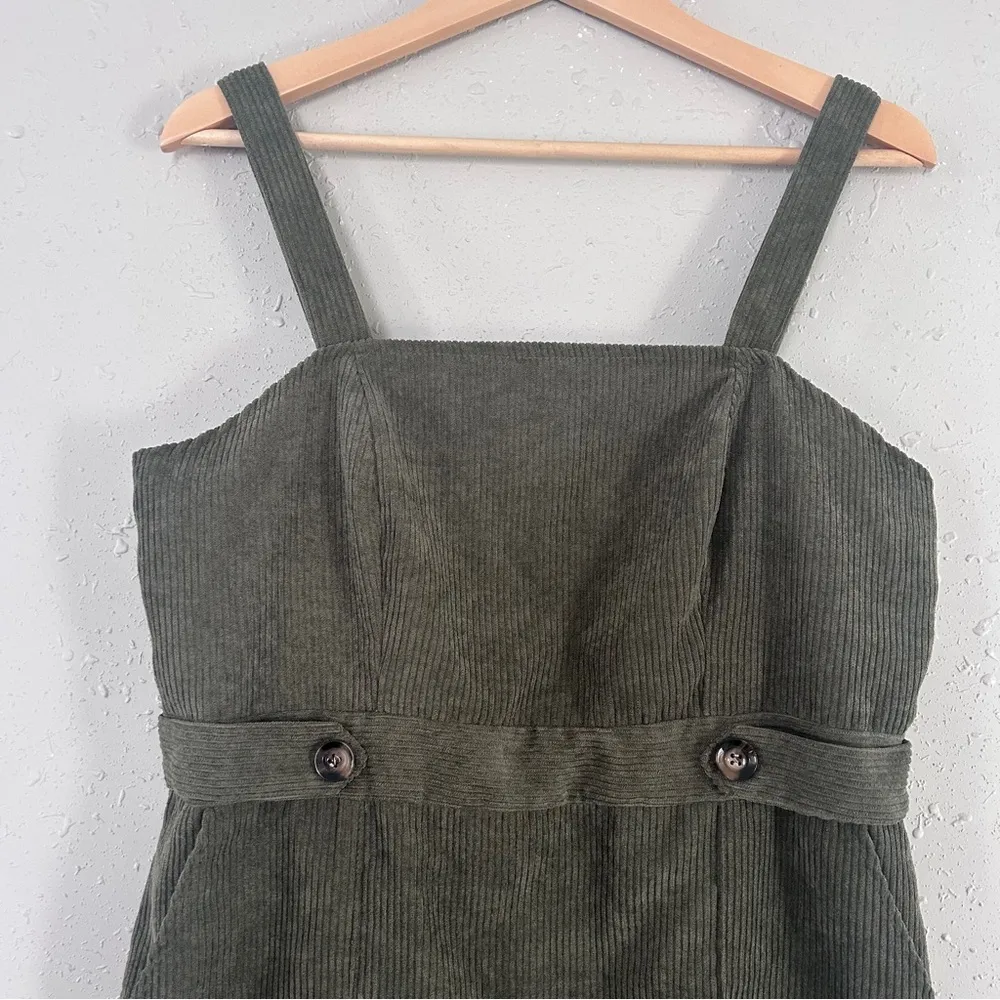 🦋 SHEIN Green Ribbed Corduroy Suspender Overall Mini Dress Casual Medium - Image 2