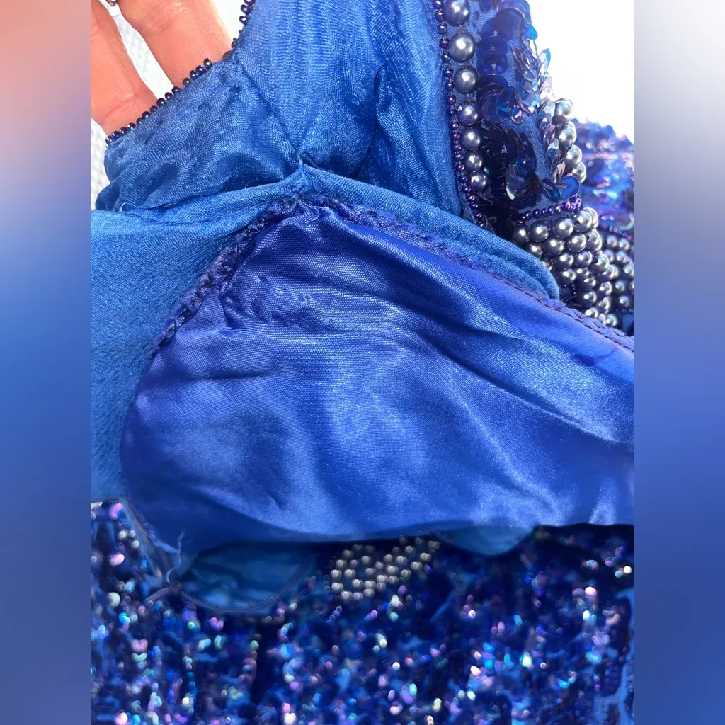 Relin Vintage Blue Sequin Maxi Dress Formal Gown Beaded 100% Silk Dynasty 1980s Size L - Image 12
