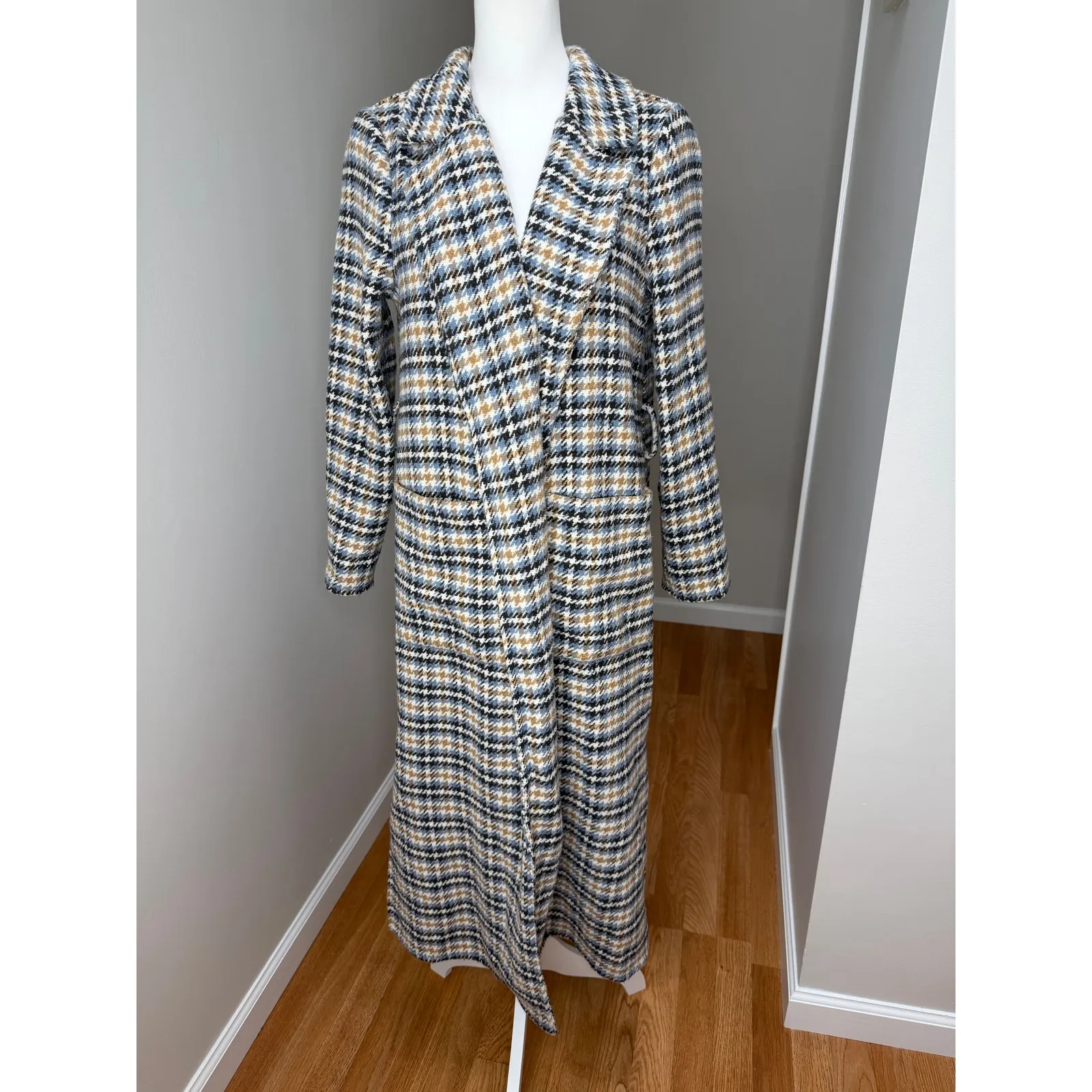 Code x Mode Houndstooth Trench Coat Womens Medium Cream Blue Open Front No Belt - Image 3