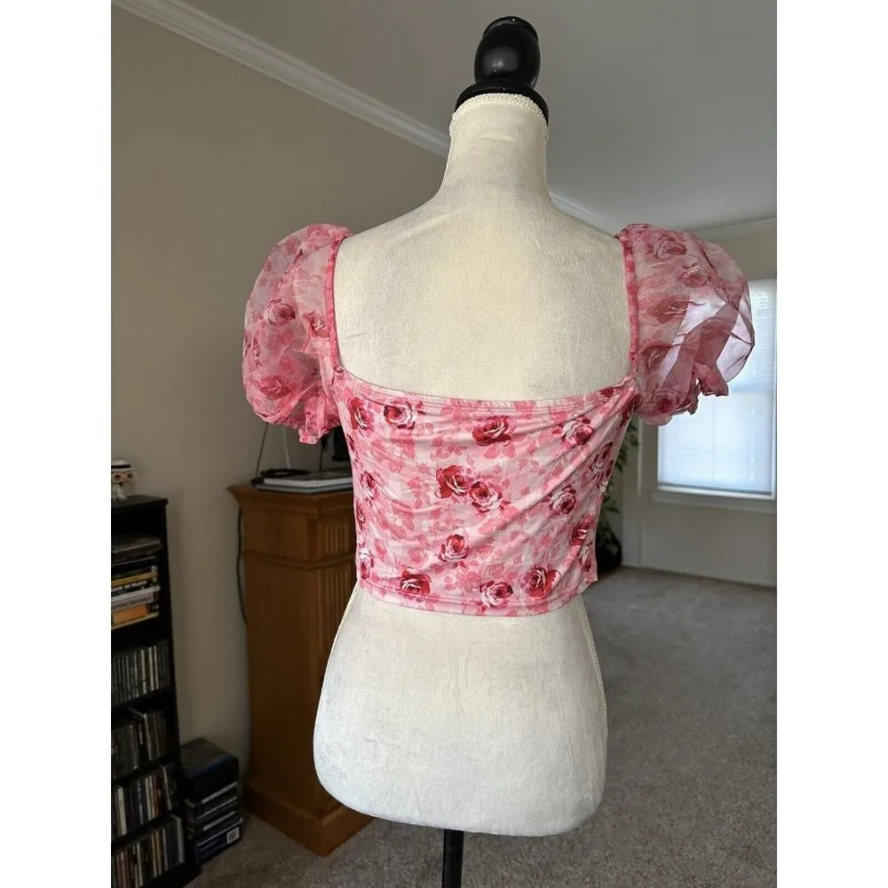 SHEIN Floral Print Knot Front Pink Crop Blouse Puffy Sleeve Size L Sheer Sleeve - Image 6