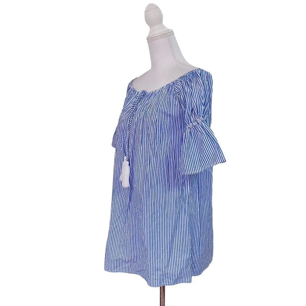 Hot & Delicious Off Shoulde White Blue Stripe Tassel Mini Small Dress ShirtDress - Image 5