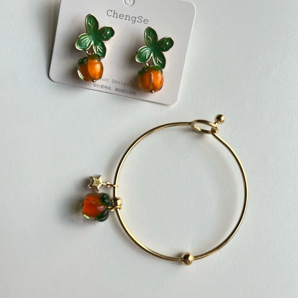 Cute Persimmon Earrings Women Retro‎ Orange Crystal Drop with bracelet set new - Image 3