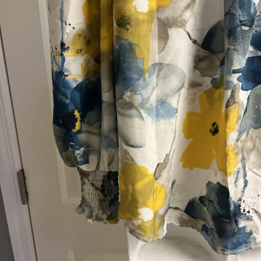 SHEIN Vibrant Floral Collared Button Down Blouse Elastic Wrist Puff Shoulder Lrg - Image 10