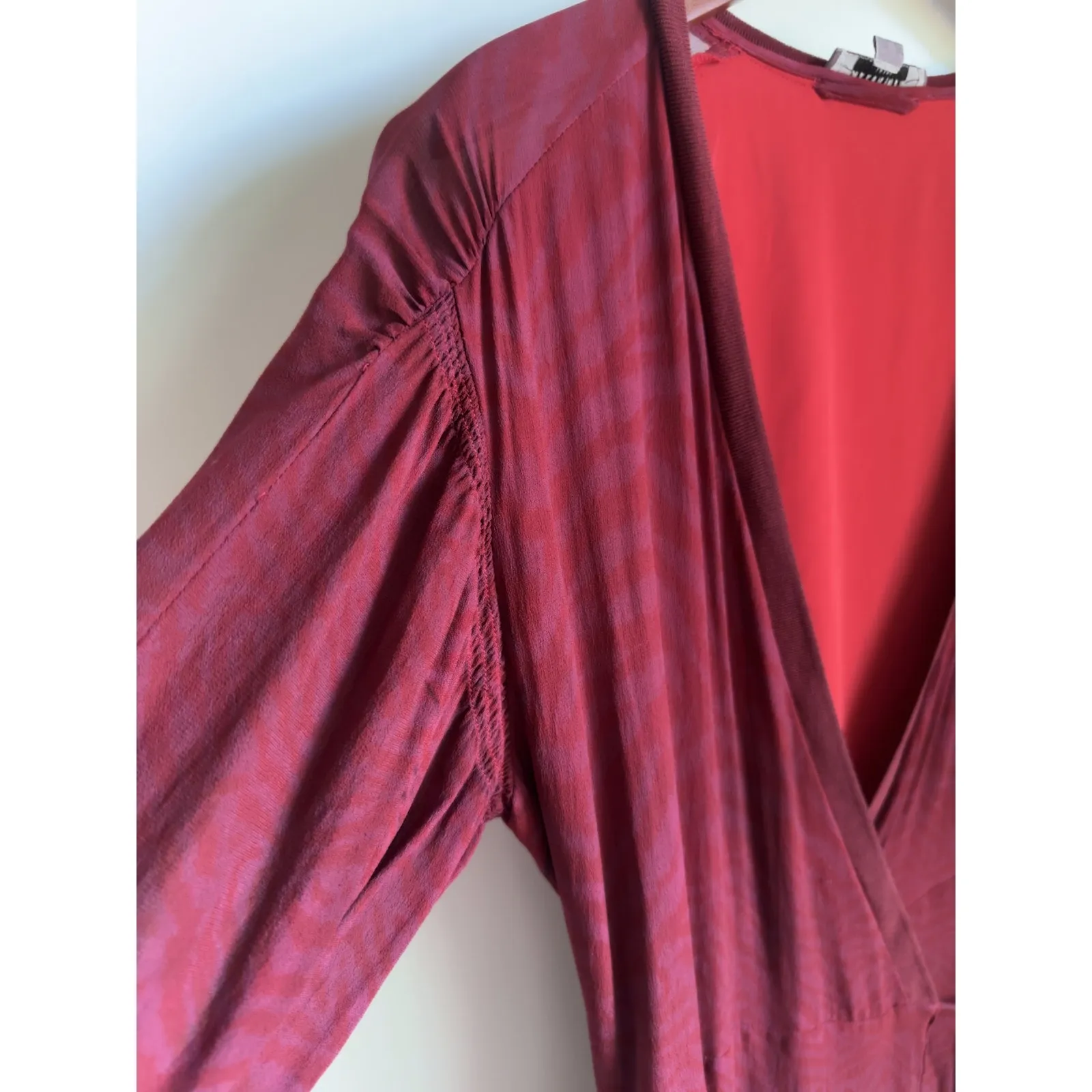 All Saints Silk Animal Print Wrap Dress Mini Burgundy ndy Modern Size 6 ruffles Black - Image 7