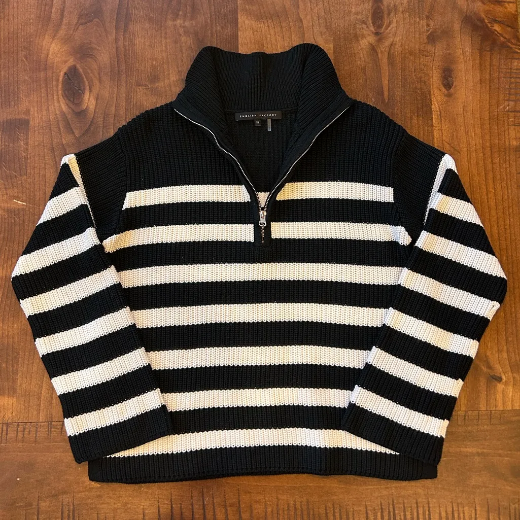English Factory Black and White Striped Half-Zip Relaxed Sweater Wool Blend XS - Image 2