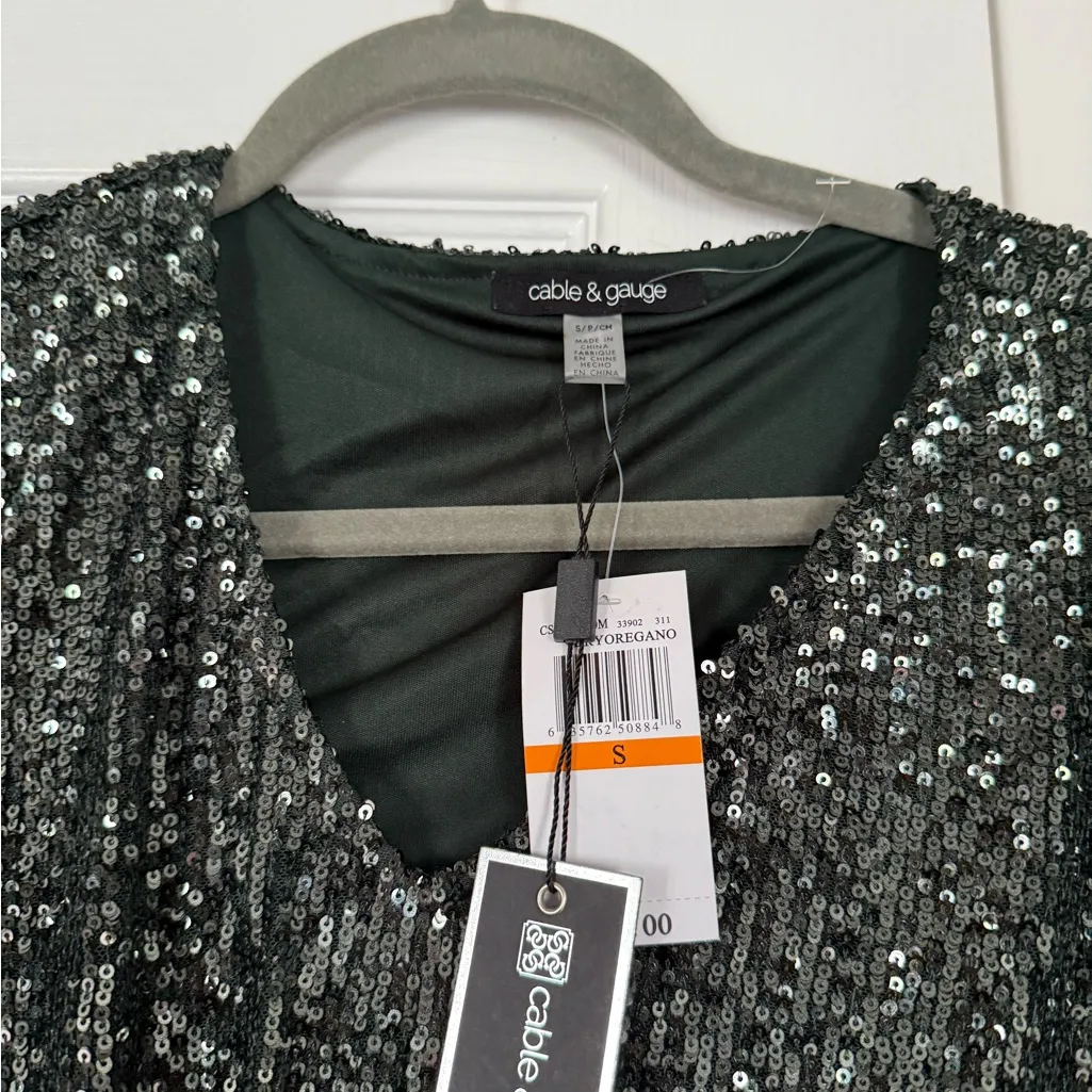 Cable and Gauge Sequin Dark Green Sequin Top Shimmer Christmas New Year Party - Image 4
