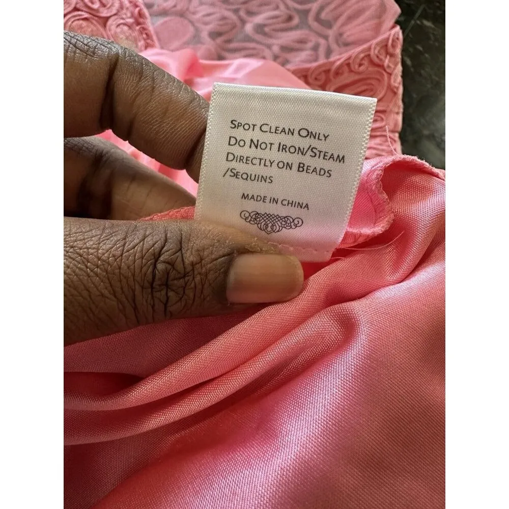 Sue Wong Cocktail Dress Sz 12 Lace Pink Floral Geometric Glam Shimmering FLAW - Image 10