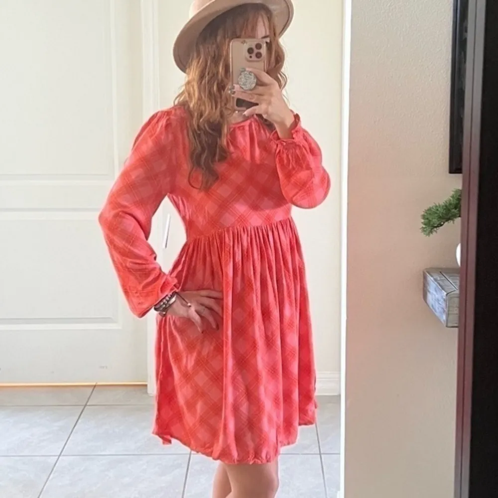 BP Plaid babydoll dress XSMALL balloon sleeves long sleeves orange pink NWT - Image 2