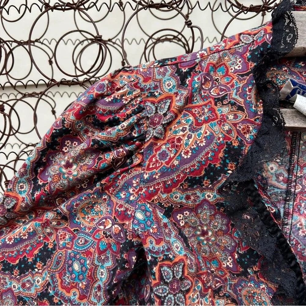 80s Circle T Victorian dark paisley lace trim puff sleeve western blouse shirt Size M - Image 8