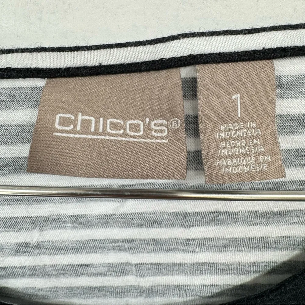 Chico’s Black with White Polka Dots & Stripes Short Sleeved Pocket Tee Size 1 M - Image 8