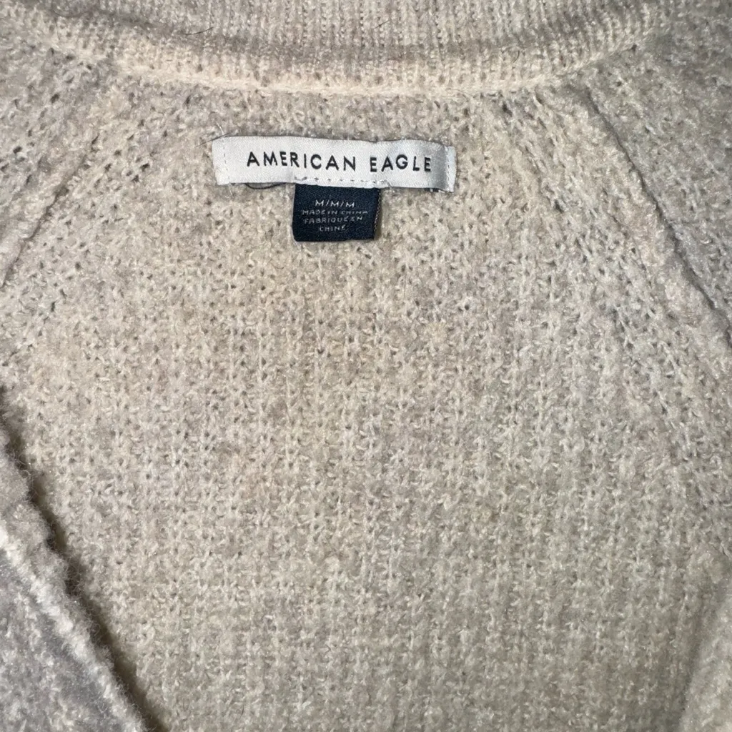 American Eagle Striped V-Neck Sweater - Cream and Brown Size Medium - Image 3