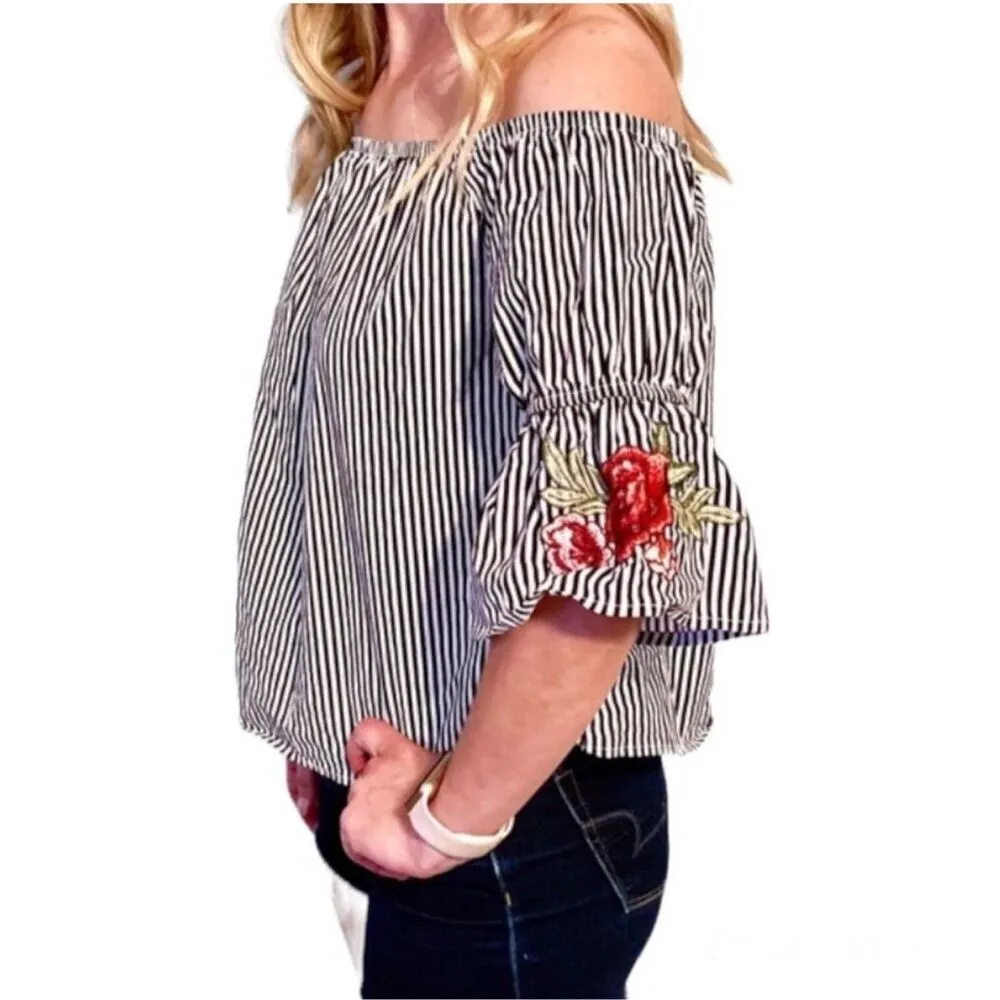 Womens Ambiance Apparel Striped Off Shoulder Floral Embroidered Top - Image 2