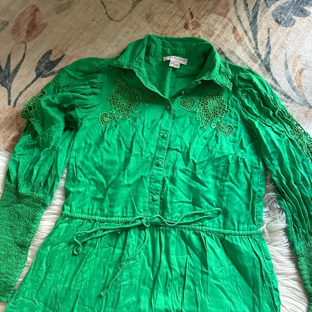 NEVER FULLY DRESSED Green Button Front Long Sleeve Mini Dress Size 2 - Image 3