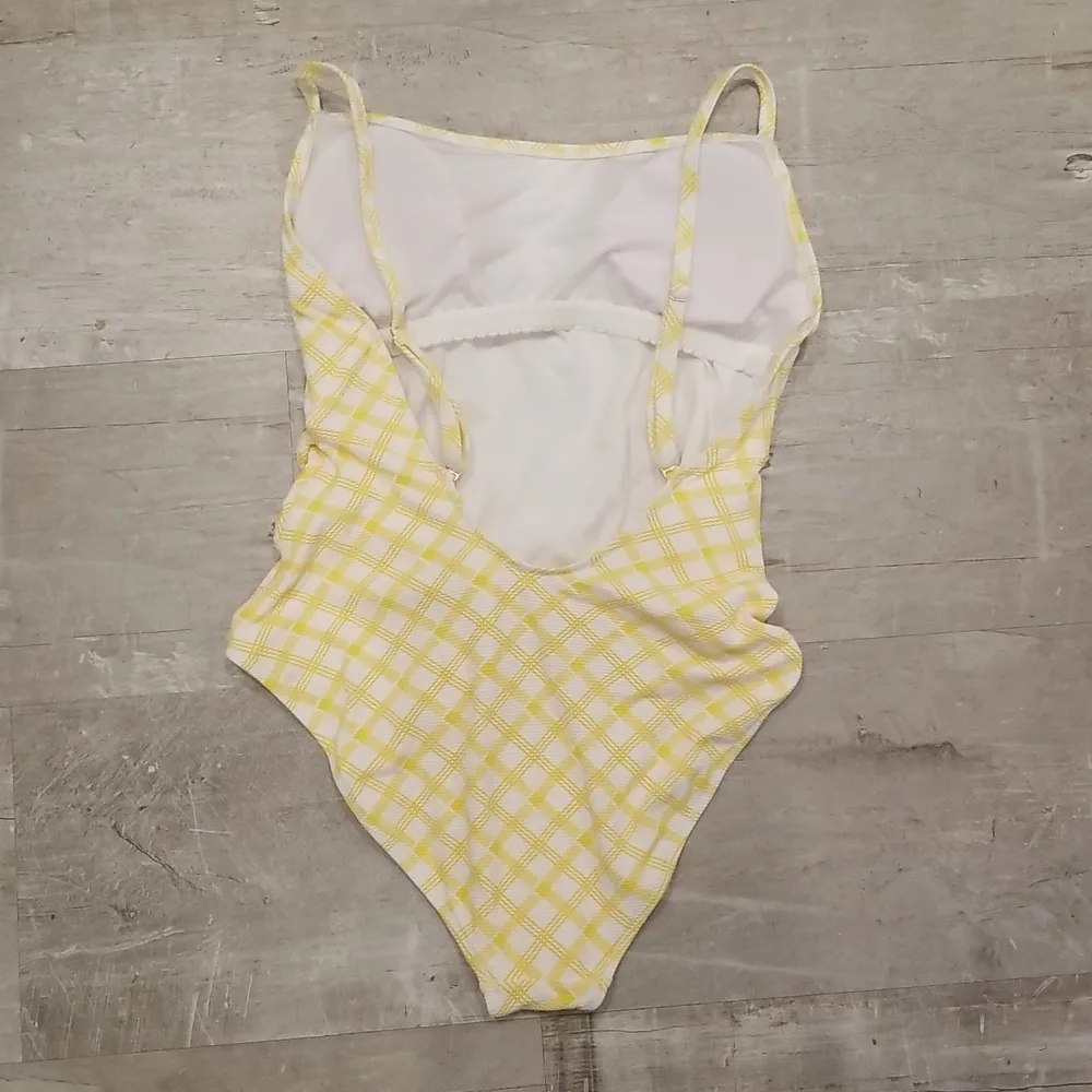 💕JESSICA SIMPSON💕 Checked Tie-Waist One-Piece Swimsuit Sol Yellow Plaid L NWT - Image 3