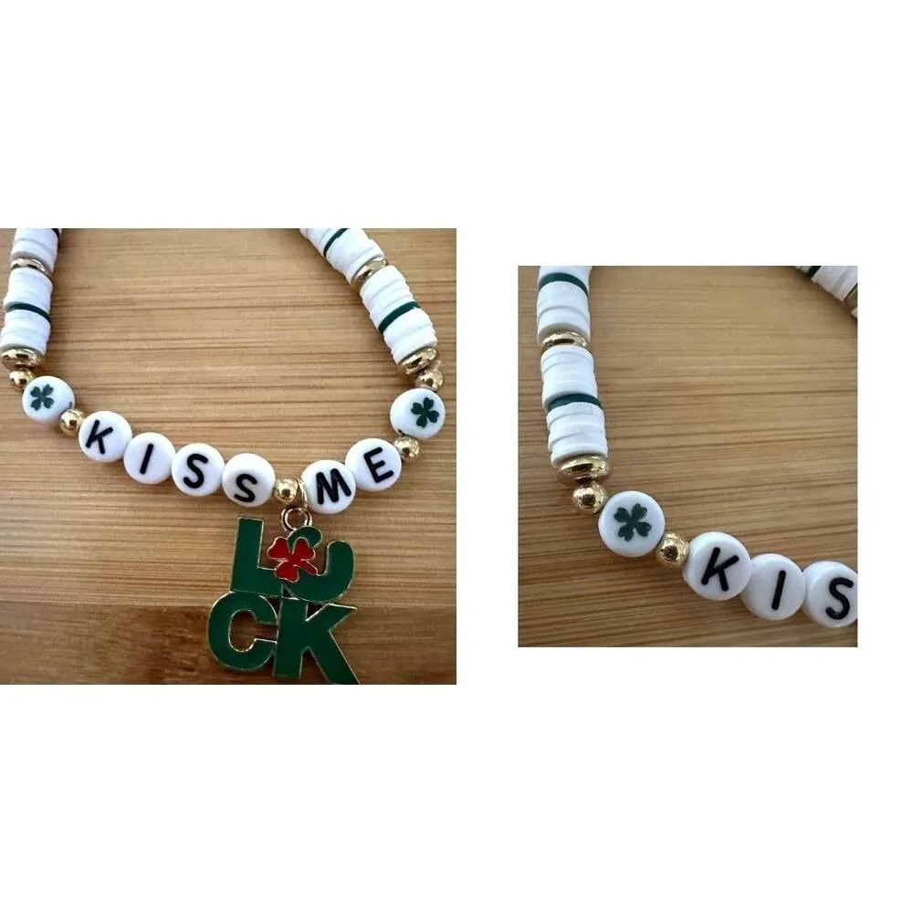 St Patricks Day Bracelet New Puka Beads Lucky Kiss Me Festive Party Para… White - Image 10