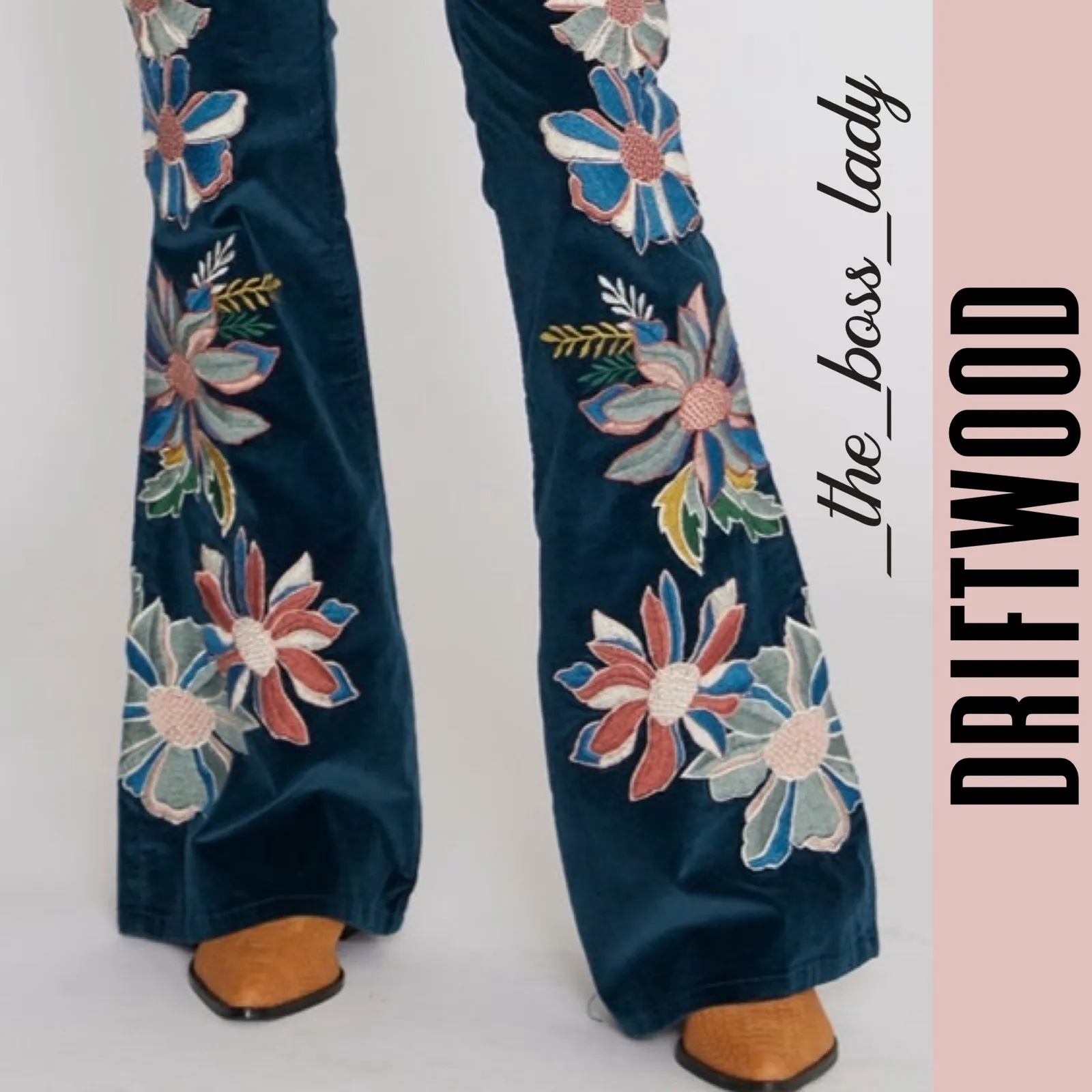 Driftwood x Free People corduroy flare pants high waisted floral embroidery 26 - Image 7