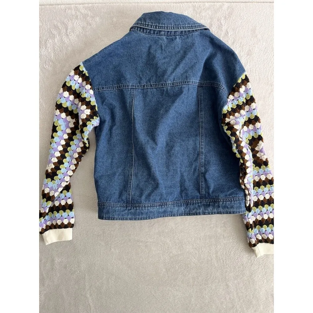 By Anthropologie Crochet Sleeve Denim Jacket Size Small Trucker 70's Boho Funky - Image 7