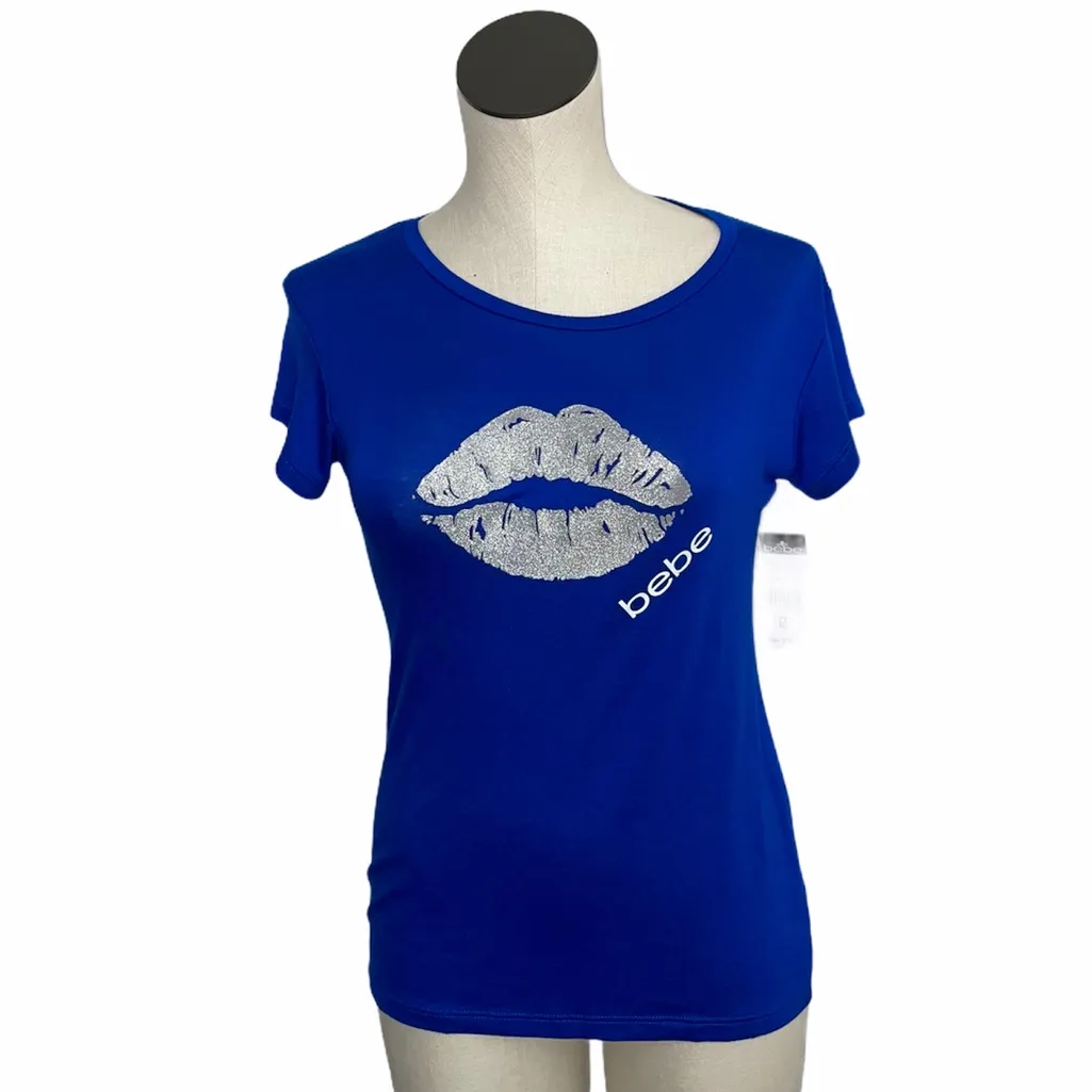 NWT Bebe Lip Short Sleeve Tee Top Blue Rayon - Image 2