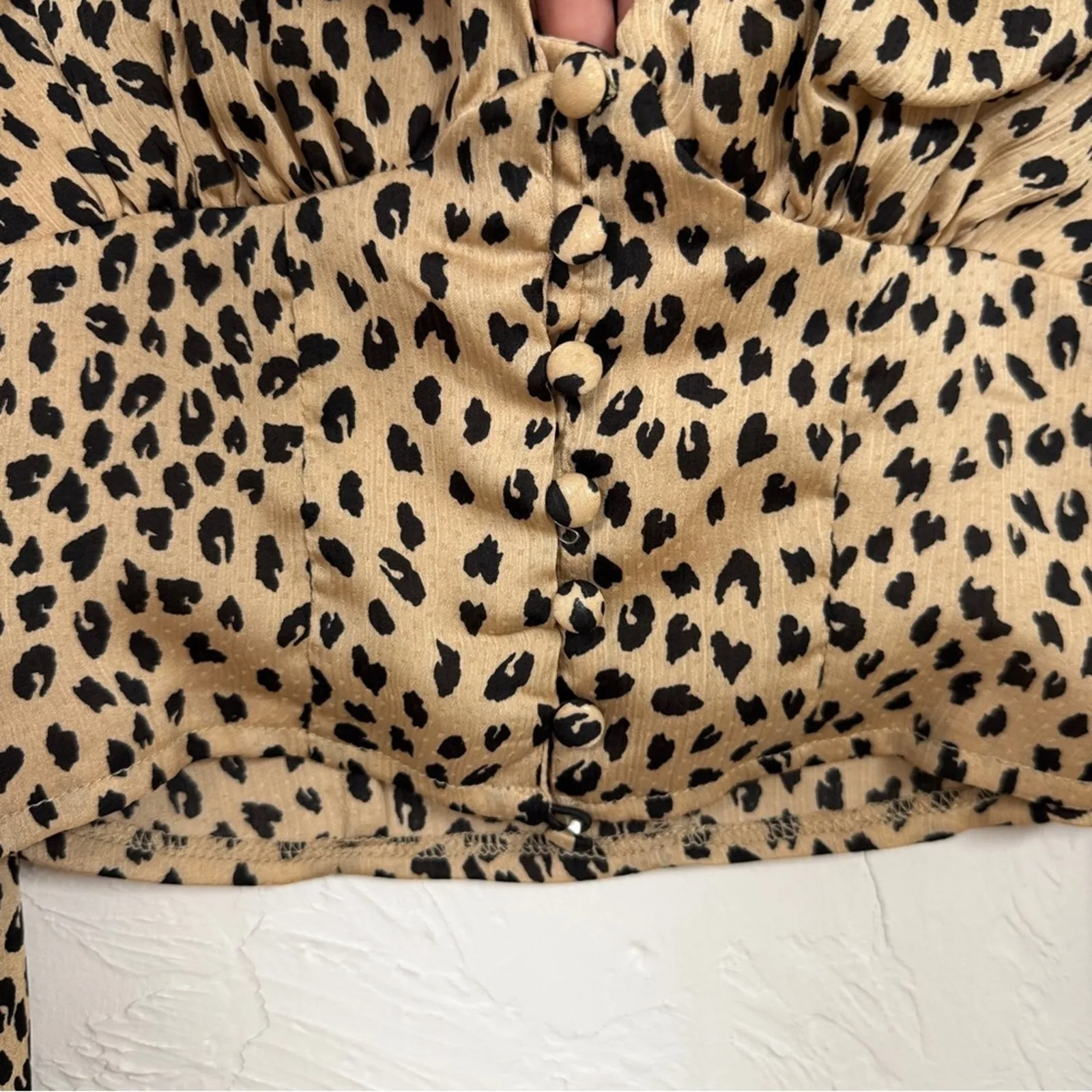 Showpo Tan Animal Print Crop Top Blouse Womens 4 Ballon Sleeve Girly Coquette - Image 3