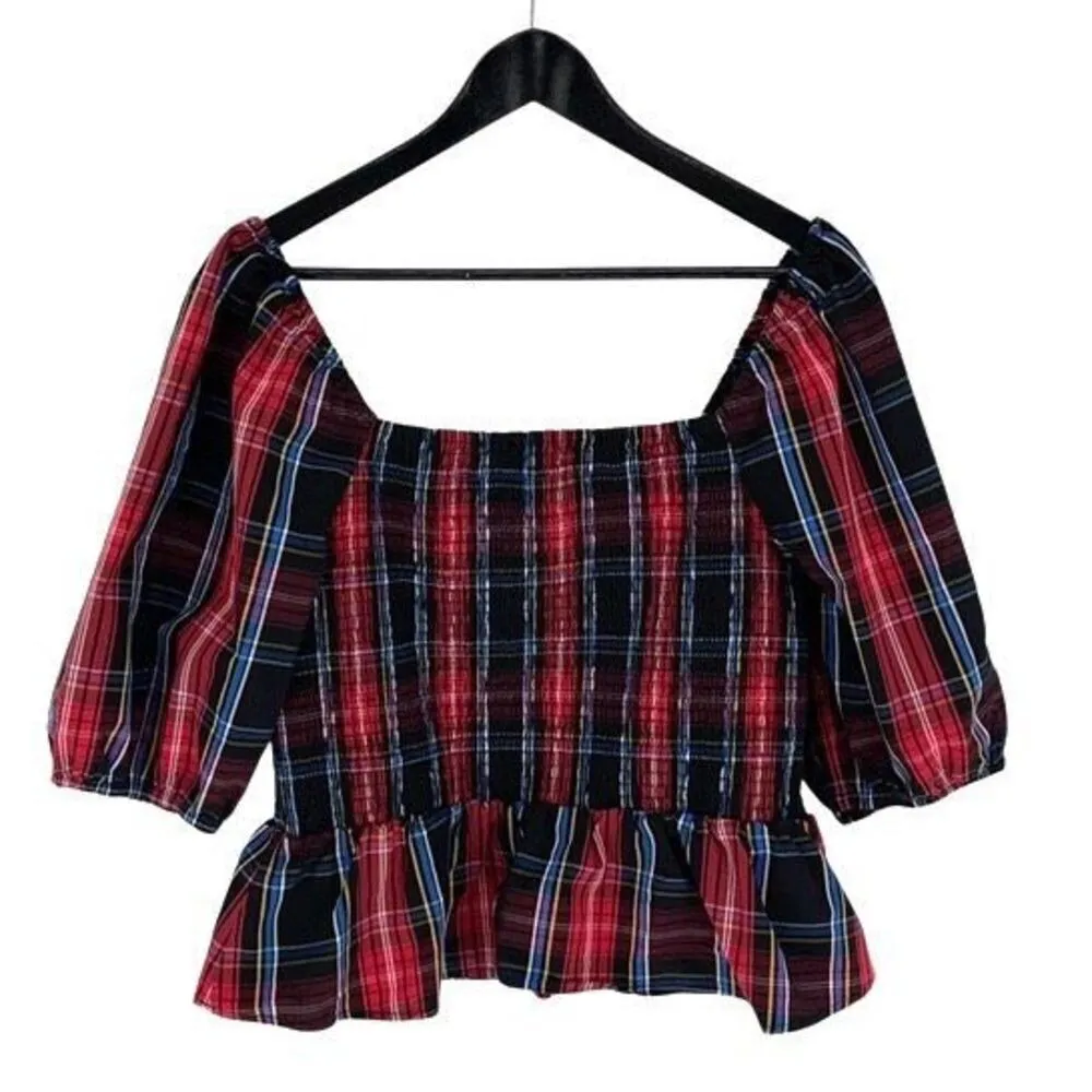 Draper James RSVP Womens Plaid Elbow Sleeve Smocked Peplum Top Red Multi Large - Image 2