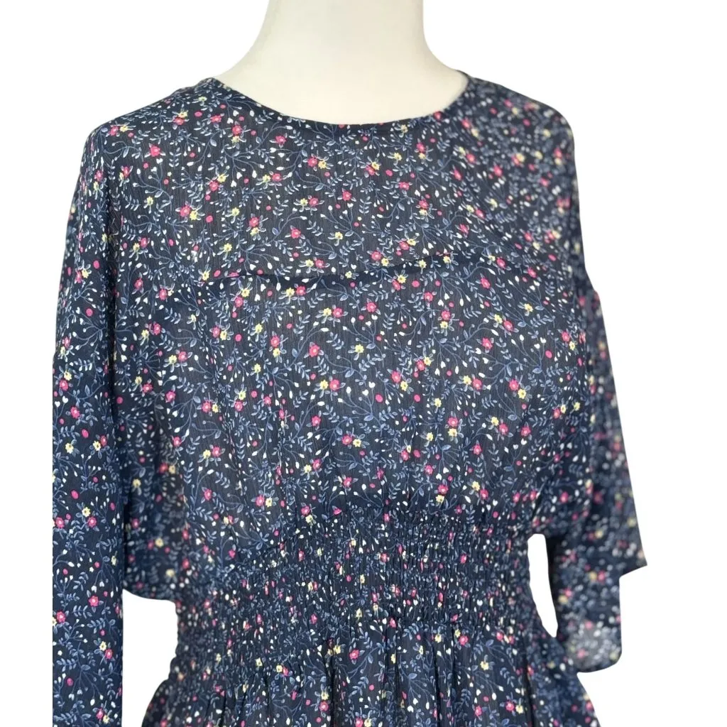 Soho By Stephanie Horne Size Small Blous Womens Navy Floral Print Smocked Waist Pink - Image 6