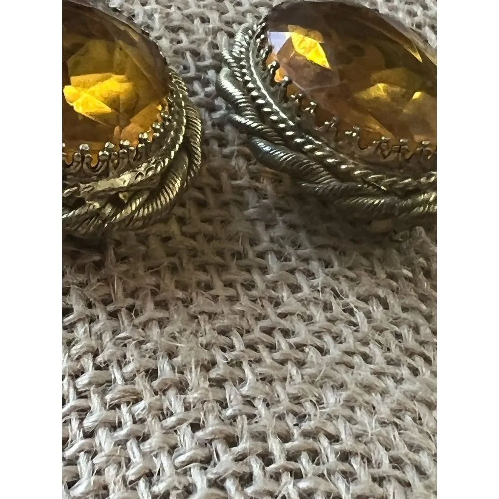Vintage Whiting & Davis clip on earrings gold tone yellow glass faceted stones - Image 3