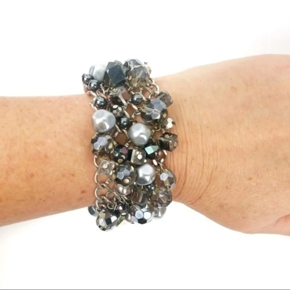 Premier Designs Silver Beaded Bracelet Gray Crystal Multi Strand Toggle Clasp - Image 7