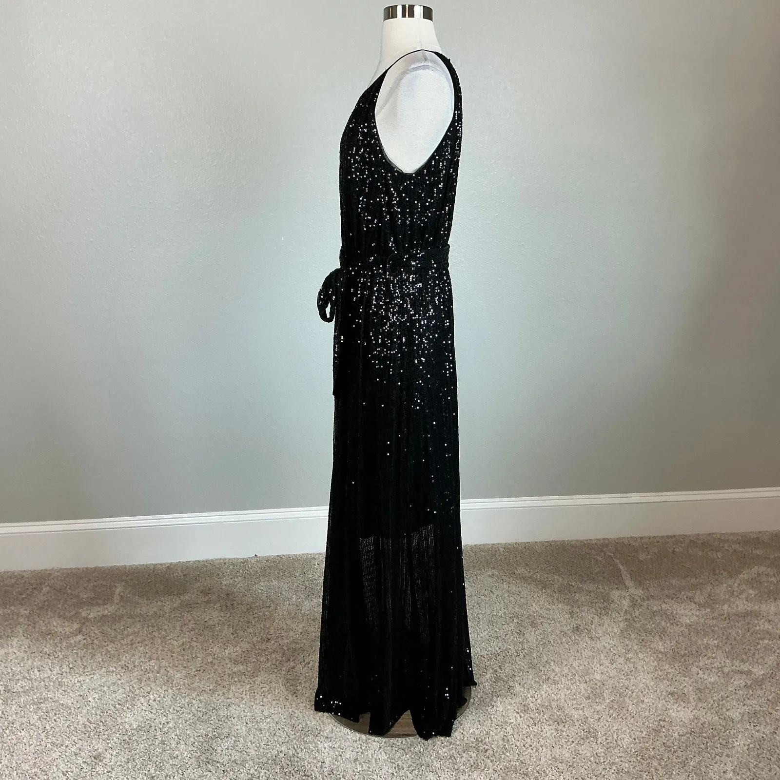 DKNY Sequin Sleeveless Halter Maxi Dress Size 8 Sparkly Black Long Formal Dress - Image 5