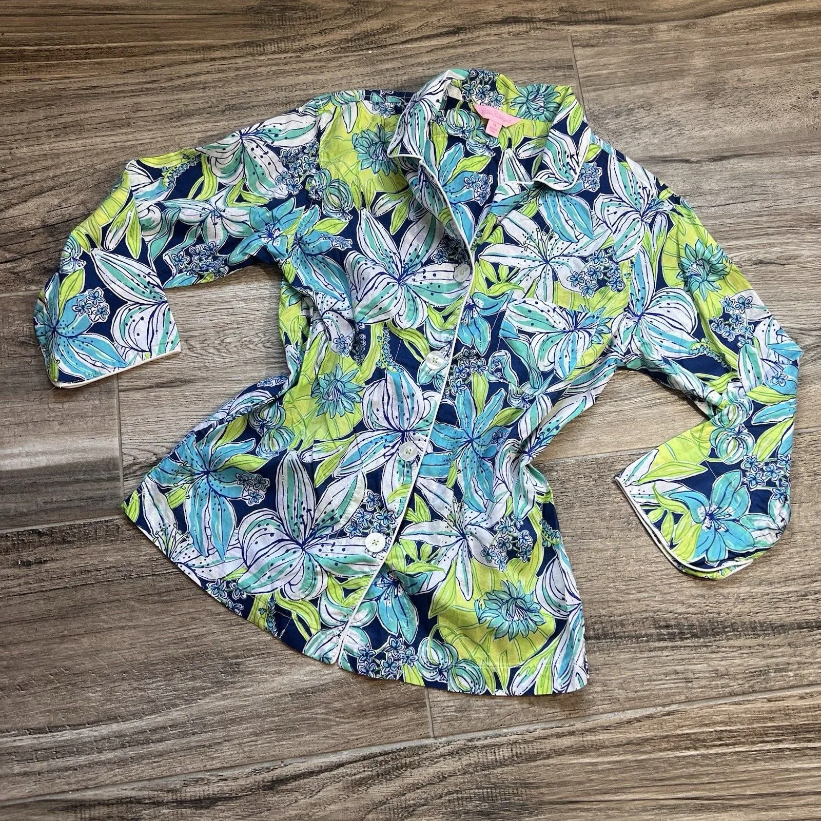 Lilly Pulitzer Pajama Top Shirt Womens Floral Flowers Blue Green Size XS #88 - Image 11