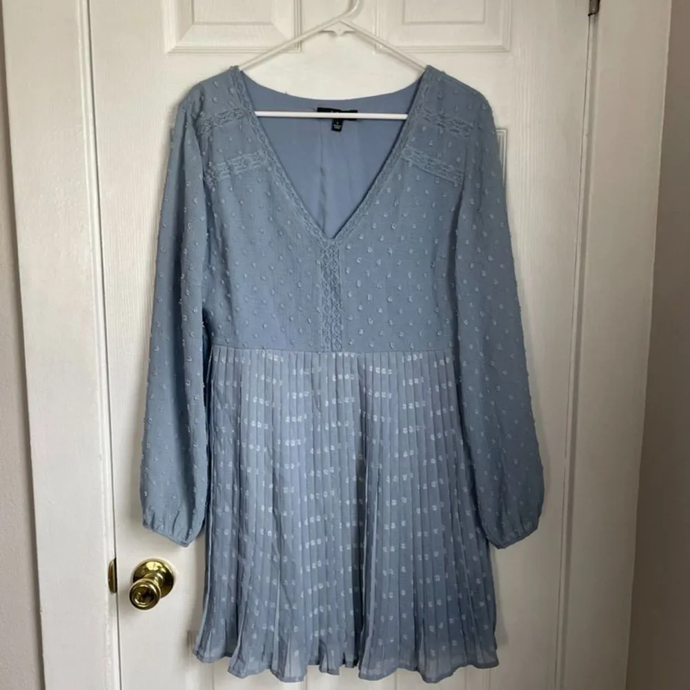 blue swiss dot mini dress long sleeve lacey cocktail wedding evening - Image 2