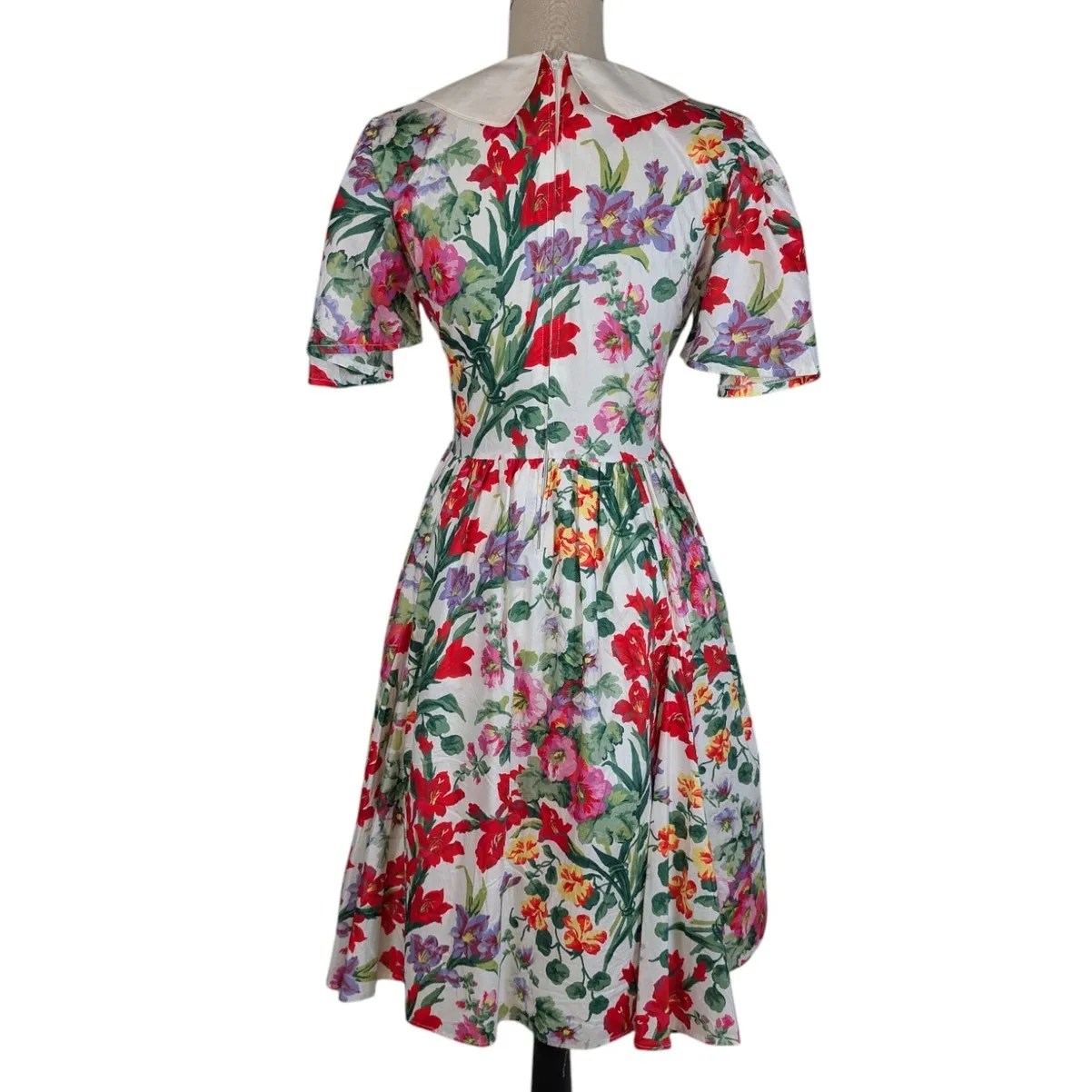 Vintage 80s Floral Cotton Dress Peter Pan Collar Cottagecore Midi - Image 2