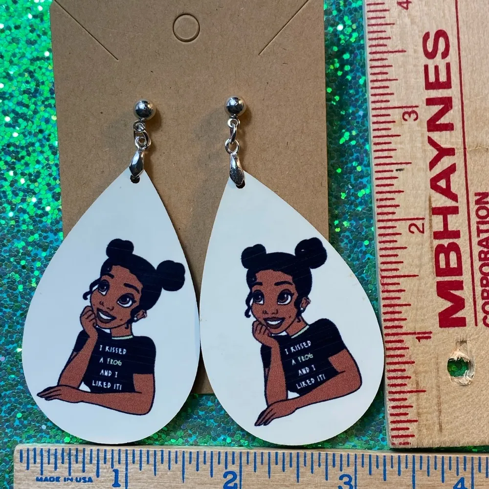 Princess Tiana “I Kissed A Frog And I Liked It” Dangle Pierced Earrings - Image 2