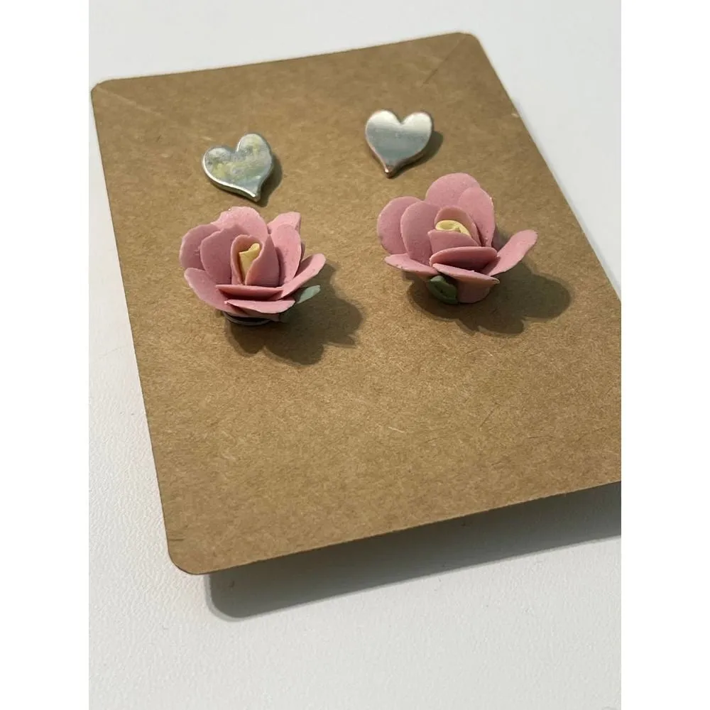 Vintage 90s Stud Earrings Set Flower Heart Pink‎ Pink - Image 6