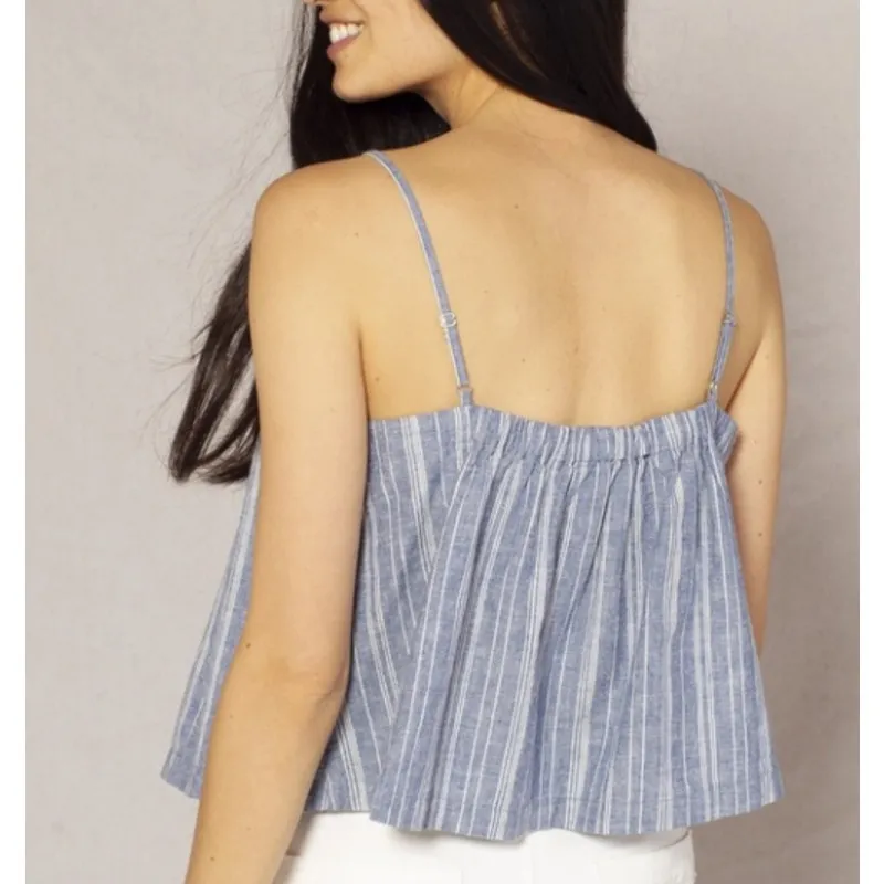 NWT Outerknown Linen Blend Tides Crop Top Womens XS Pleated Striped Chambray Blue - Image 2