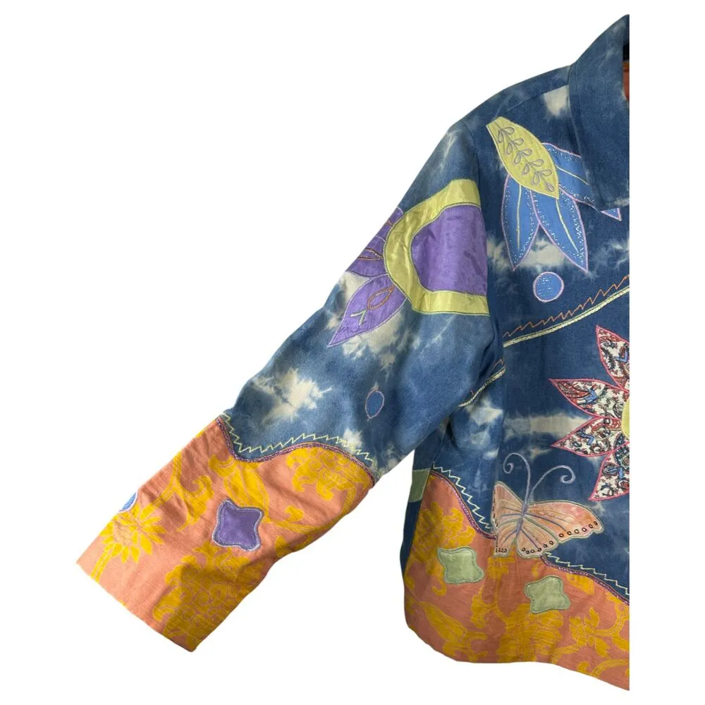 Indigo Moon Butterfly Boho Patchwork Art to Wear Shacket Size 1X - Image 2
