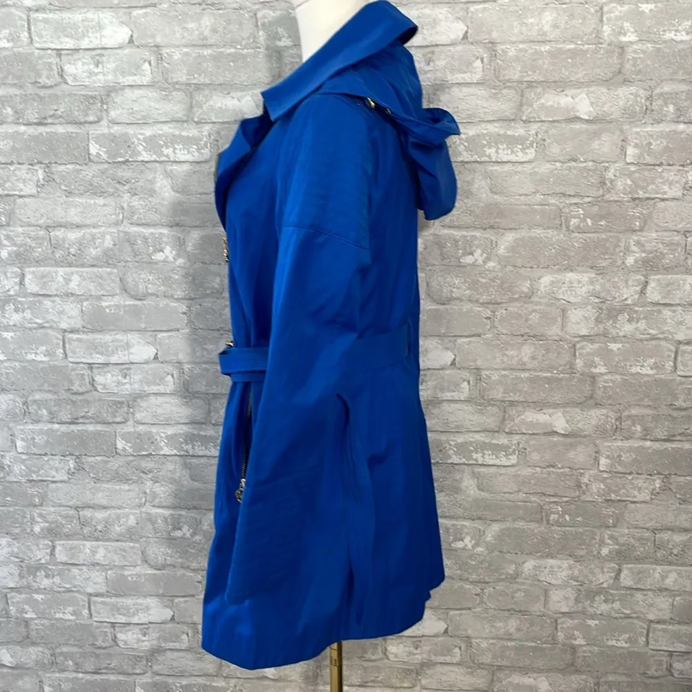 Michael Kors Blue Trench Coat with Asymmetrical Zipper and Belt - Image 5
