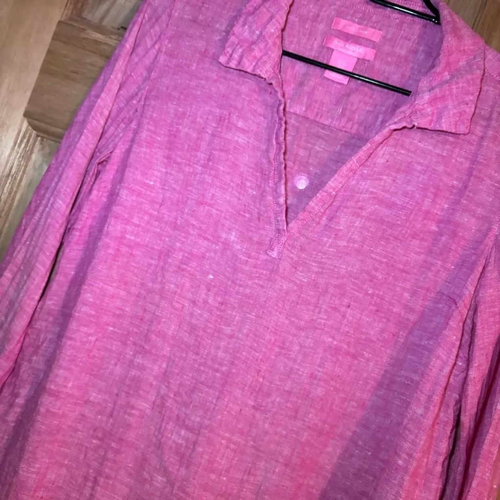 Isaac Mizrahi women’s Pink 3/4 Sleeve Polo Blouse 100% linen‎ size S - Image 3
