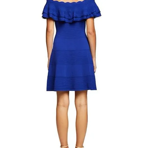 Eliza J Royal Blue Mini Dress Sz Lg Stretch Knit Ruffle Neckline - Image 8