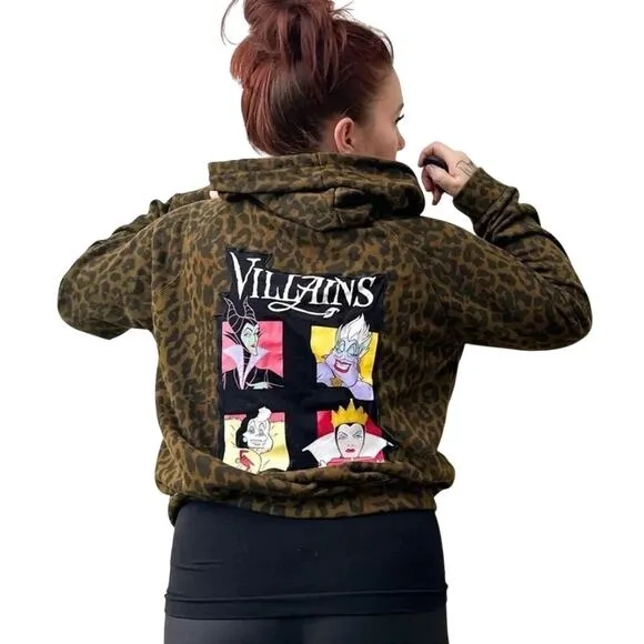 Disney Villain Graphic Zip Up Hoodie Olive Green Leopard Print Size Medium OOAK - Image 2