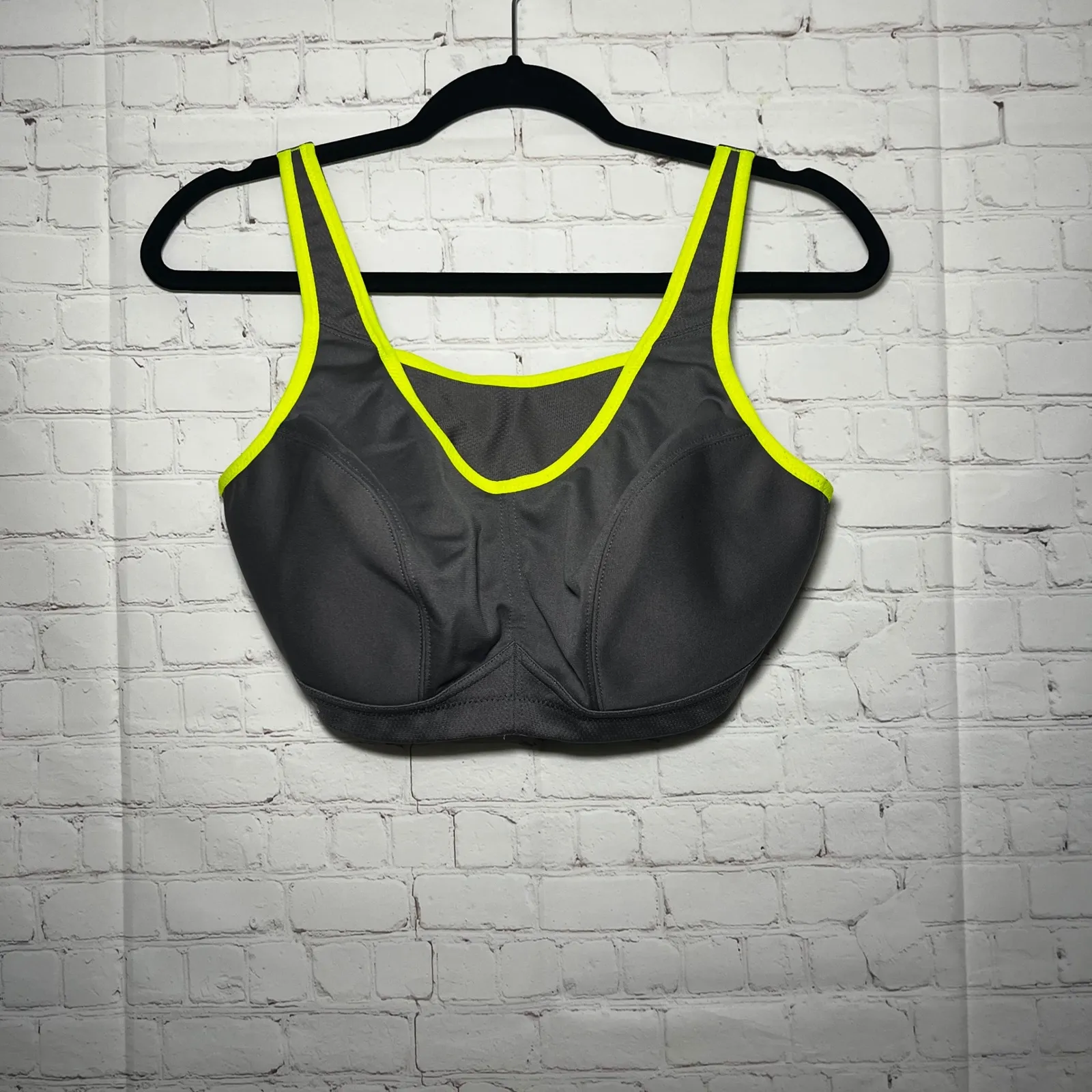 Glamorise Sport Bra Gray Neon Yellow Full Support Wireless Racerback Size 36DD - Image 2
