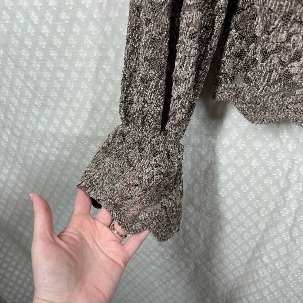 Anthropologie Eri‎ + Ali Brown Floral Velvet Eyelet Mock Neck Top - Image 3