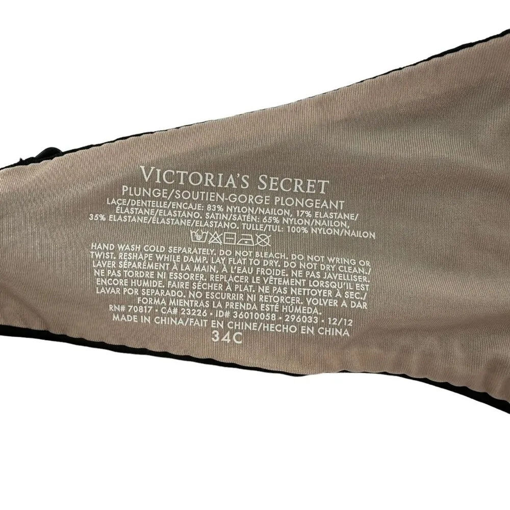 Victoria's Secret Black Lace Blush Pink Plunge Push Up Bra Size 34C - Image 3