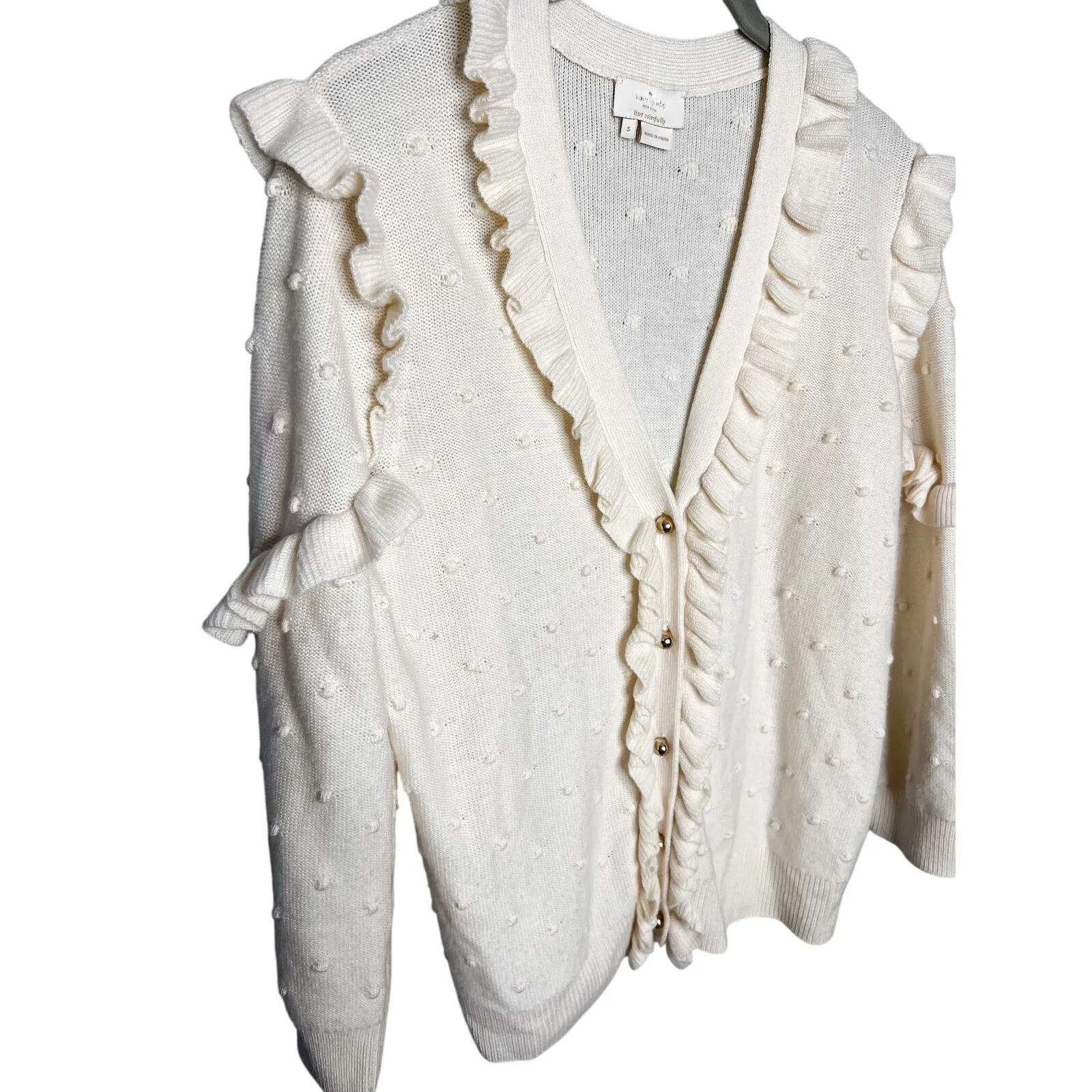 Kate Spade Wool Blend Ruffle Cardigan Sweater Cream Pom Bobble‎ Knit Small - Image 5
