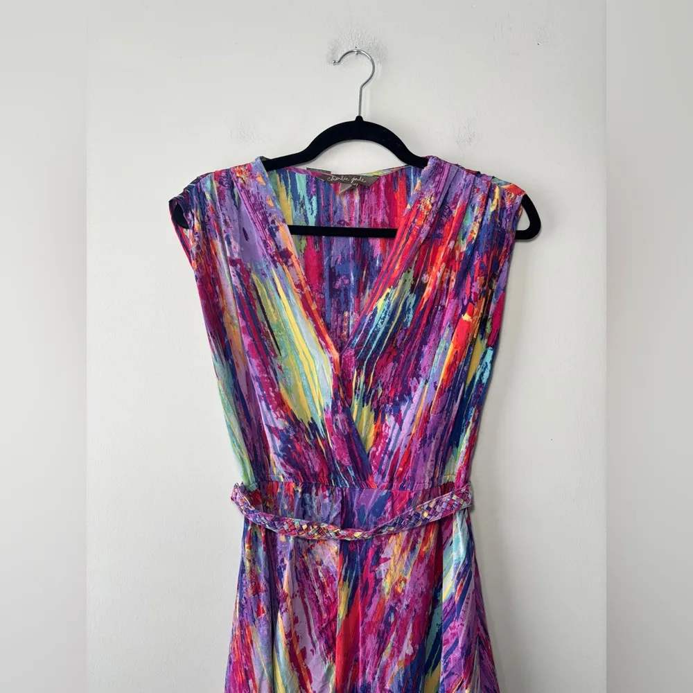 Charlie Jade Women's Multicolor 100% Silk‎ Belted Faux Wrap Dress Size XS - Image 6