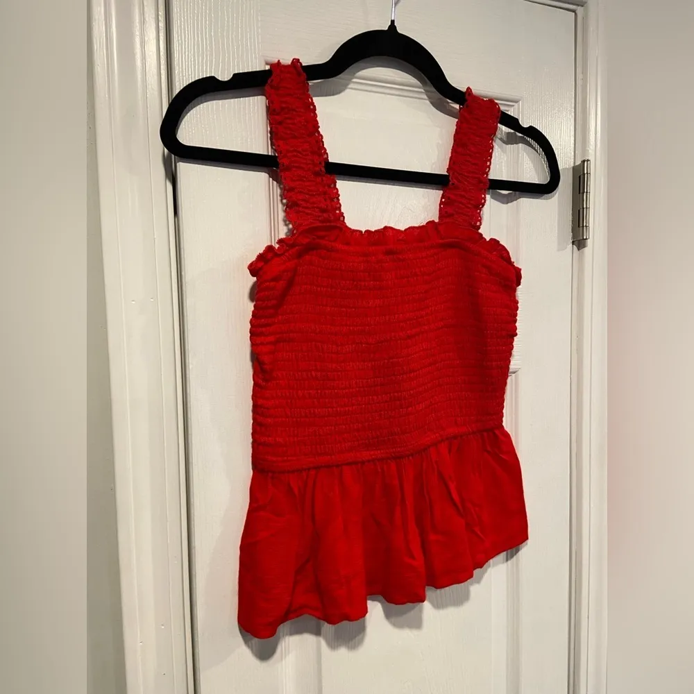 Joppa Size XS Red Stretchy Smocked Ruffle Hem Eyelet Lace Strap Crop Tank Top - Image 5