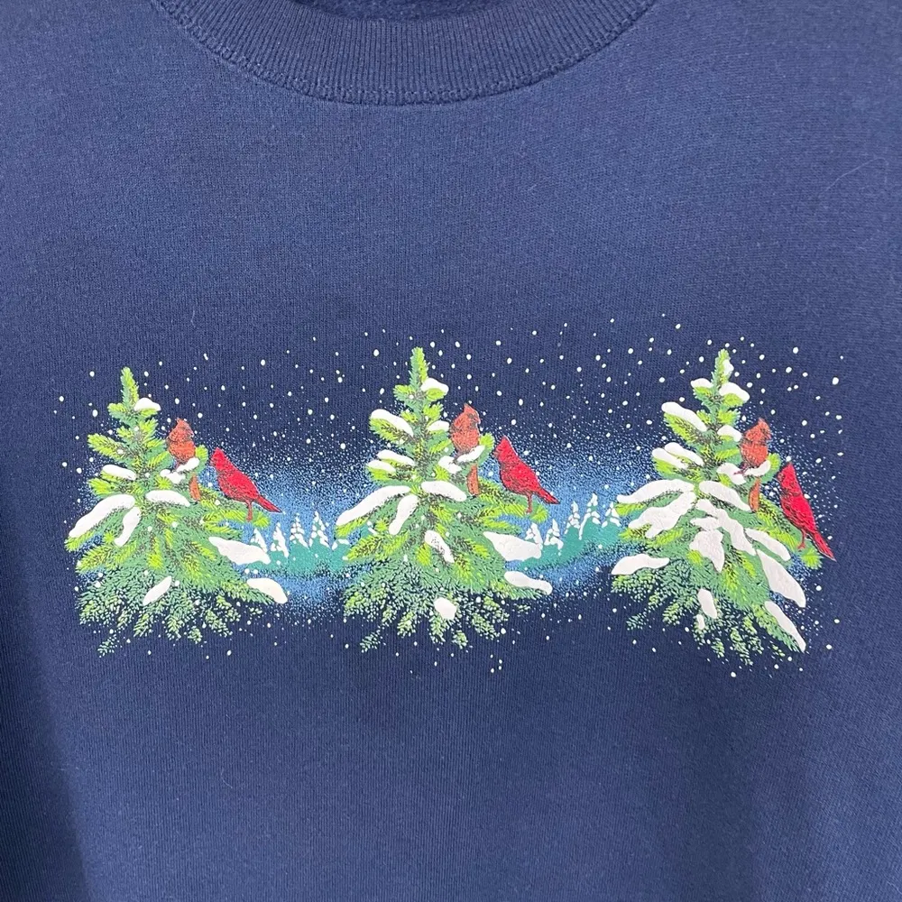 Vintage Jerzees Navy Blue Cardinal Birds Christmas Trees Crewneck Sweatshirt XL - Image 3