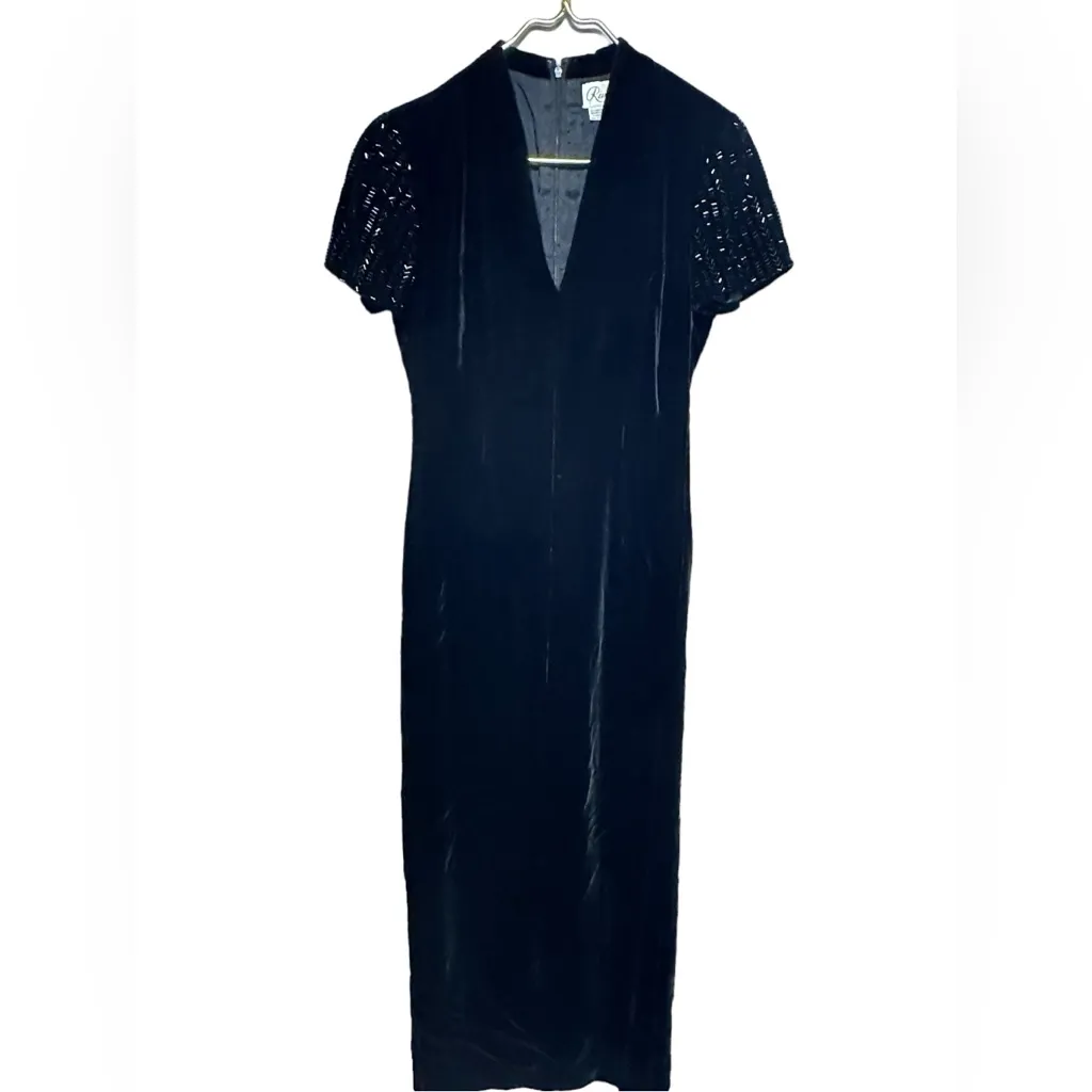 Stunning Velvet Sequin Short Sleeve Full Length Dress W/Sexy High Slit Vintage 8 Black - Image 9
