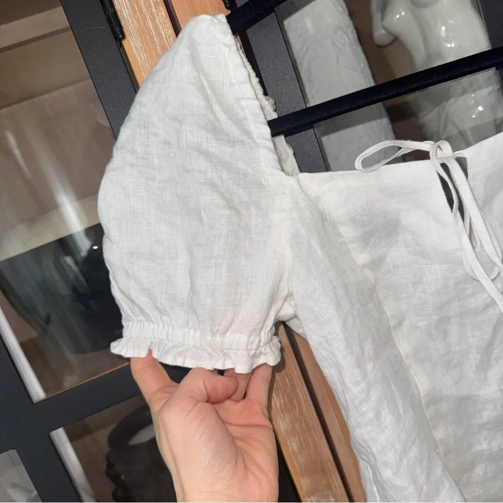 H&M linen smocked blouse top puff short sleeve tie front bow square neck new - Image 5