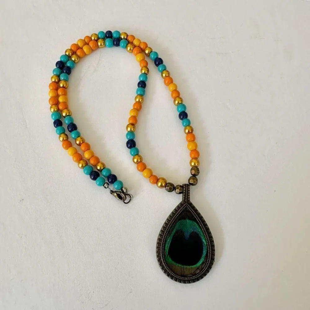 Peacock pendant beaded necklace Orange - Image 2