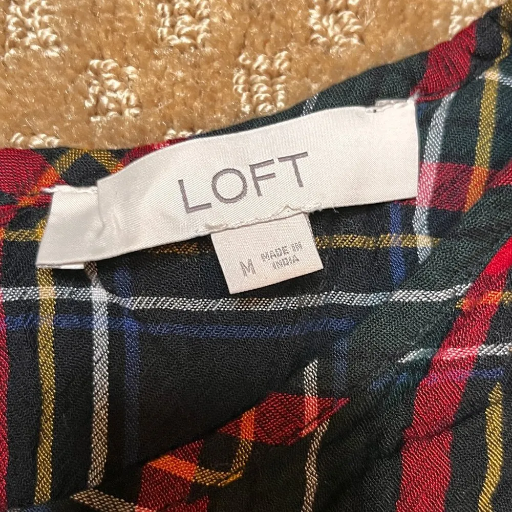 LOFT Tartan Holiday Plaid Button Back Balloon 3/4 Sleeve Blouse SZ M Xmas Cabin - Image 6